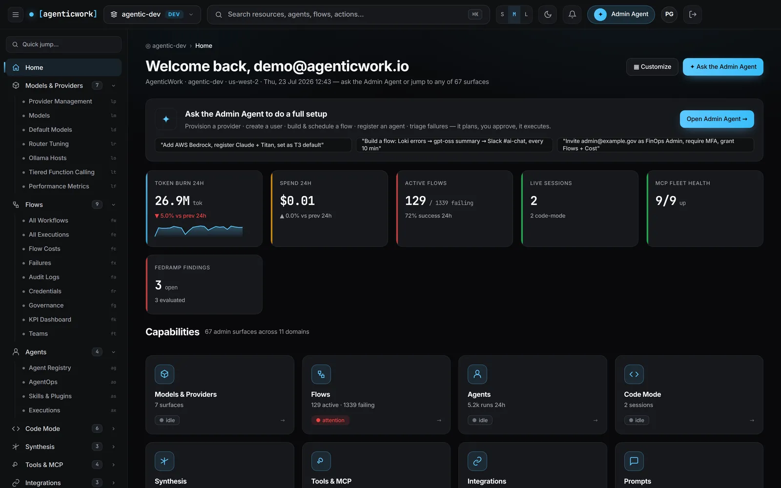 Admin console showing token burn, active flows and MCP fleet health