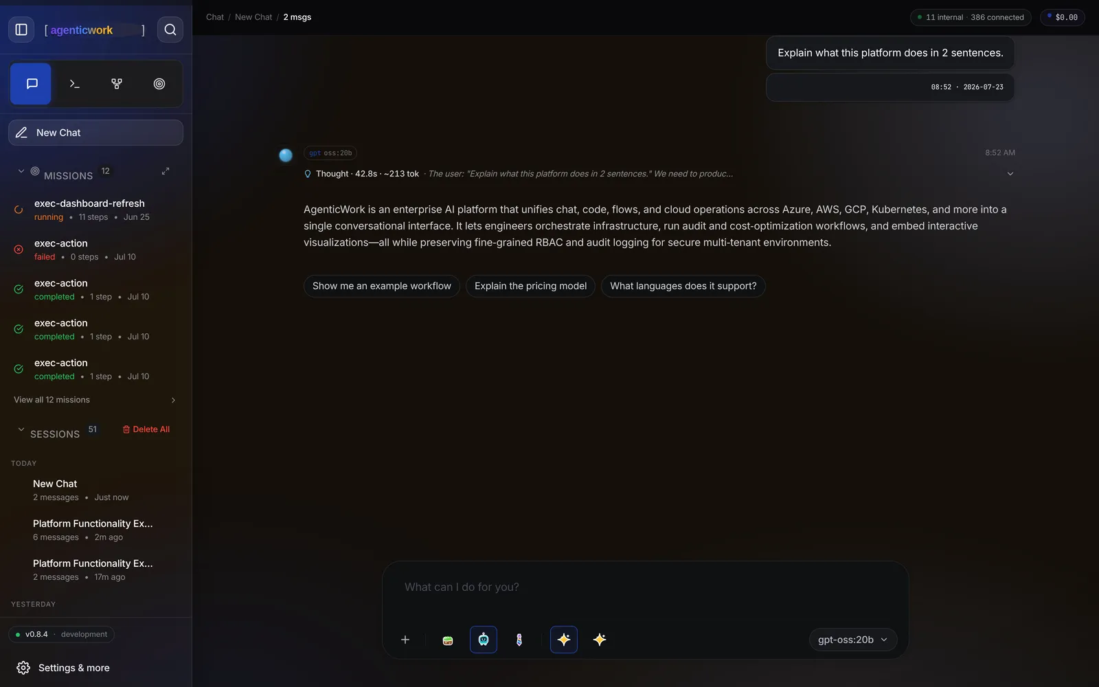 The platform chat surface answering a question with a visible reasoning trace