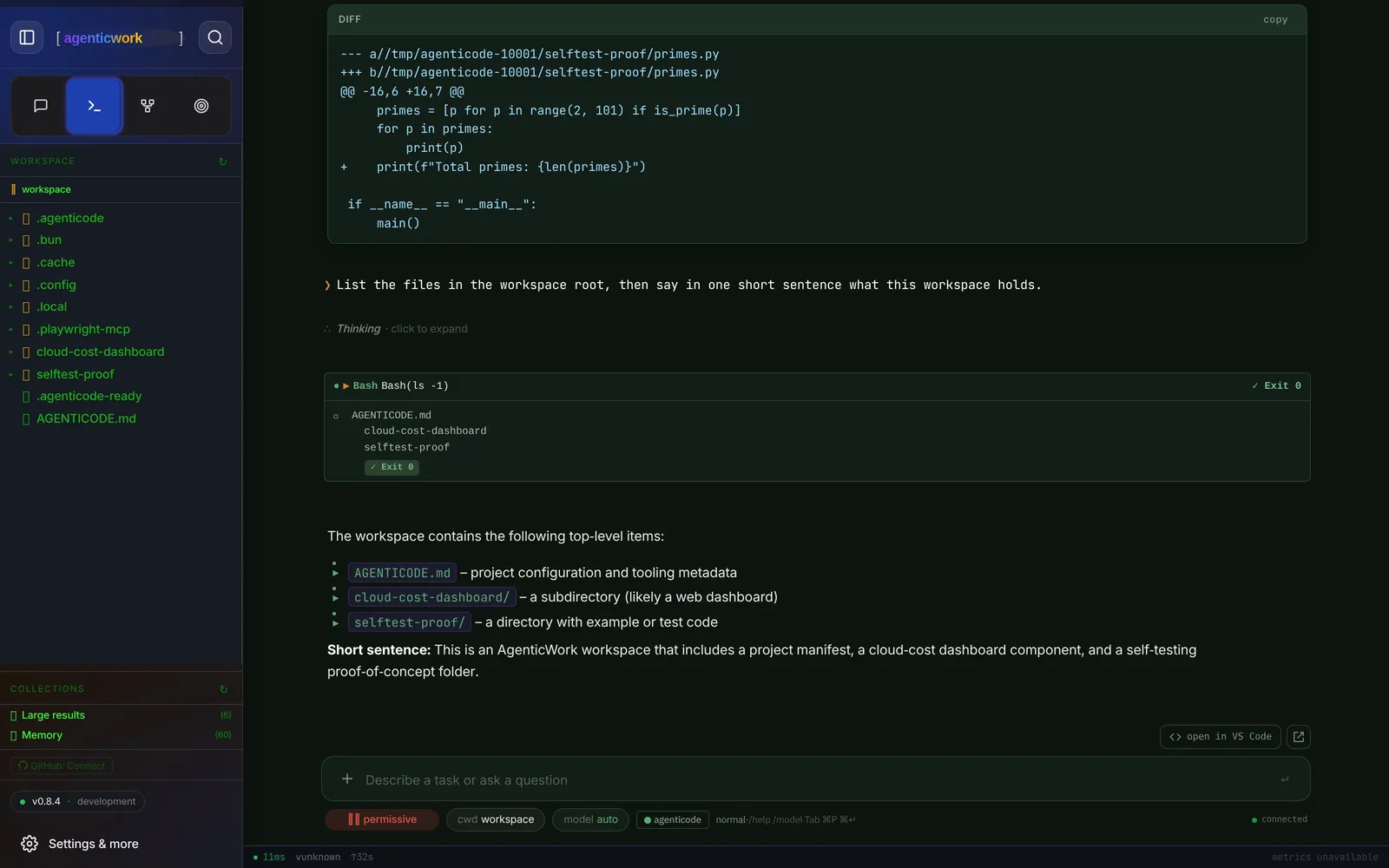 The terminal coding agent running a shell tool call and showing a diff