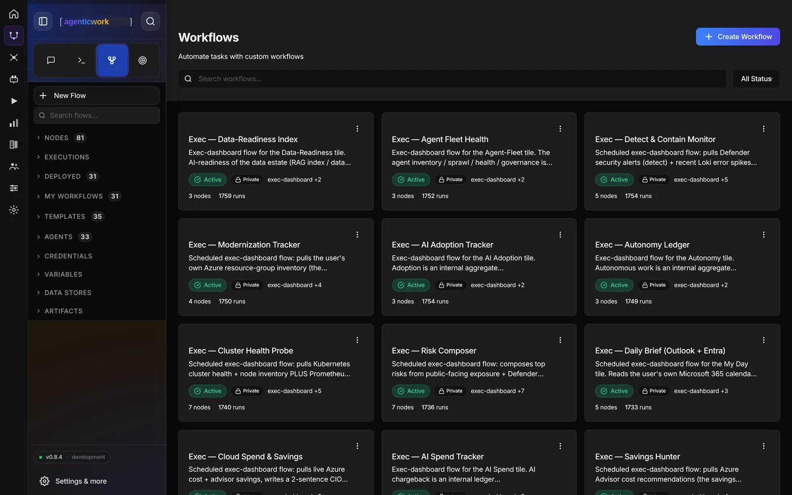 The flows gallery listing deployed workflows with run counts